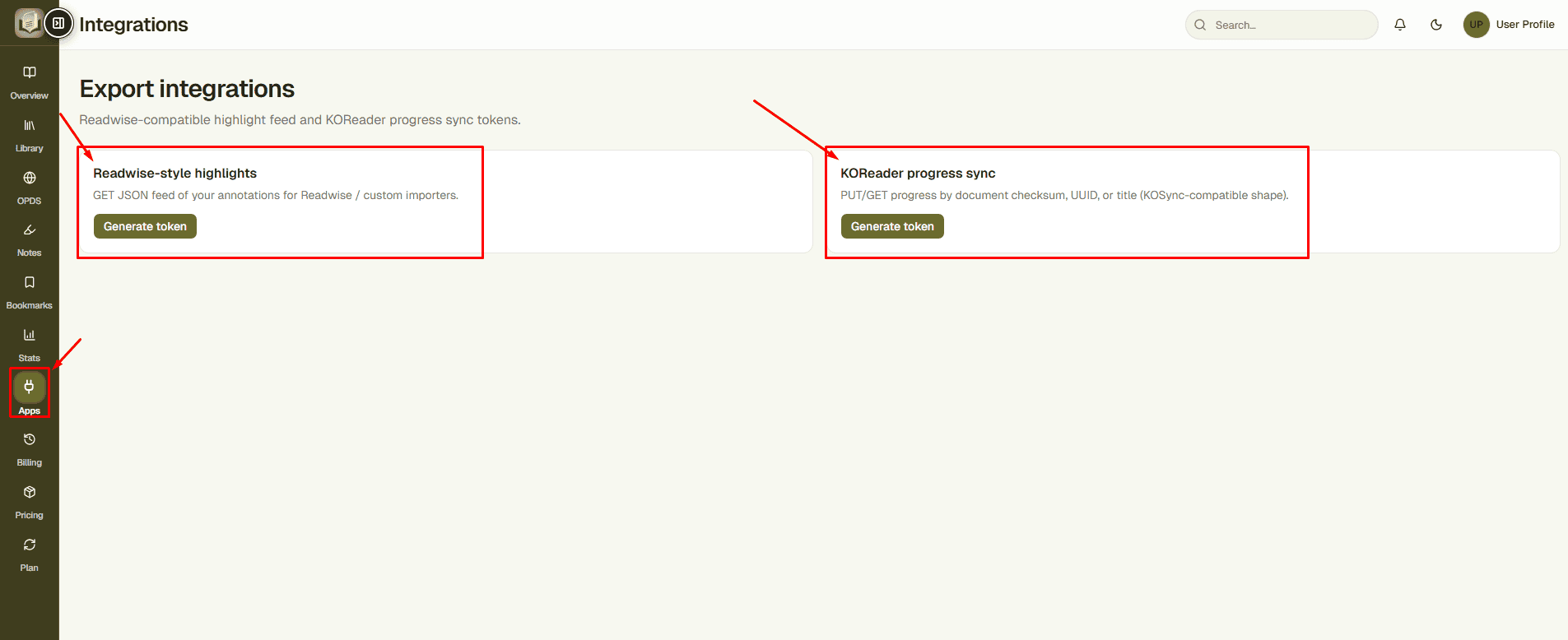 EPUBReadify Apps and Integrations screen