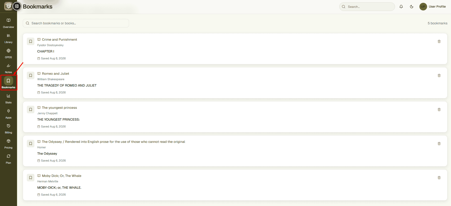 EPUBReadify Bookmarks screen