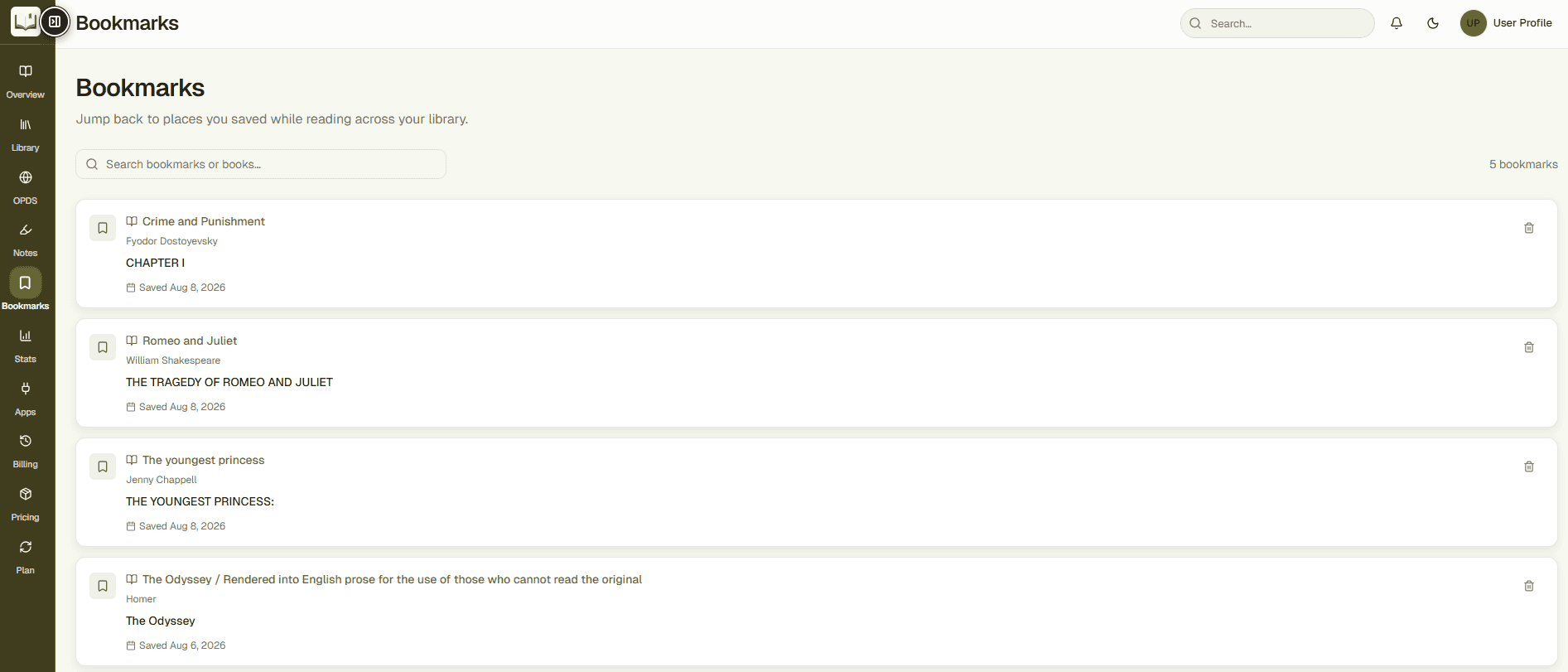 EPUBReadify bookmarks dashboard showing saved reading locations