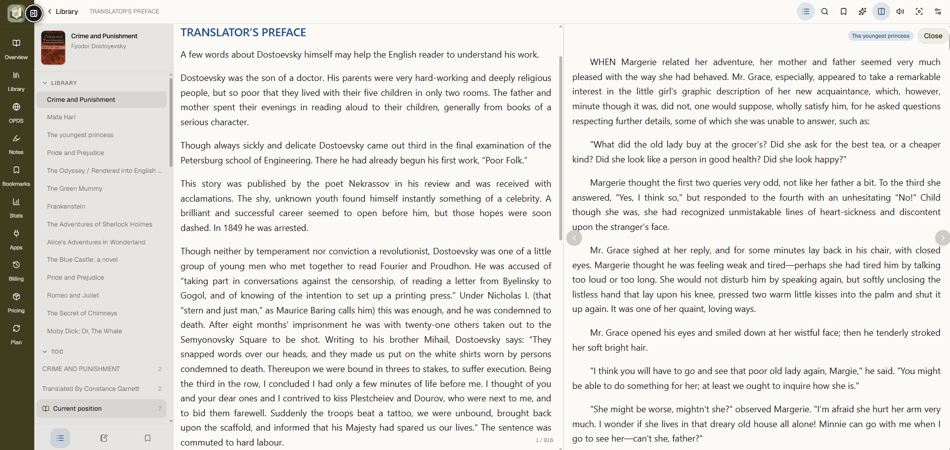 EPUBReadify split view showing two books open side by side