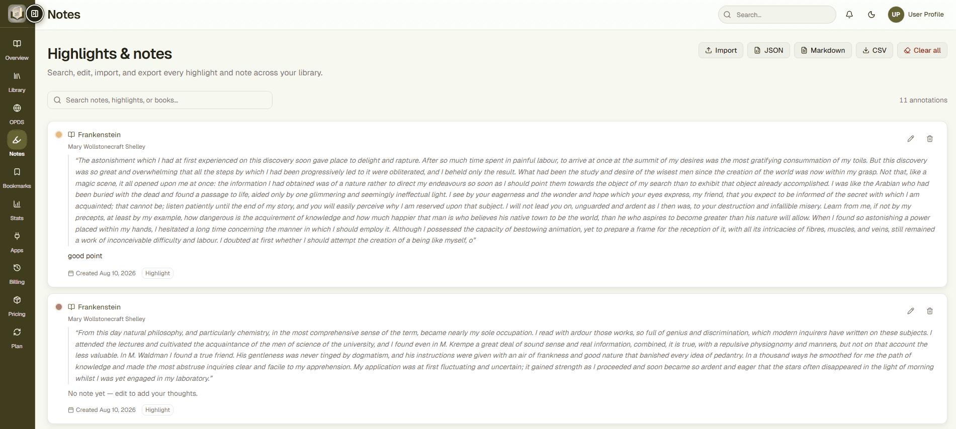 EPUBReadify Notes & Highlights screenshot showing annotations, personal summaries, and markdown export option.