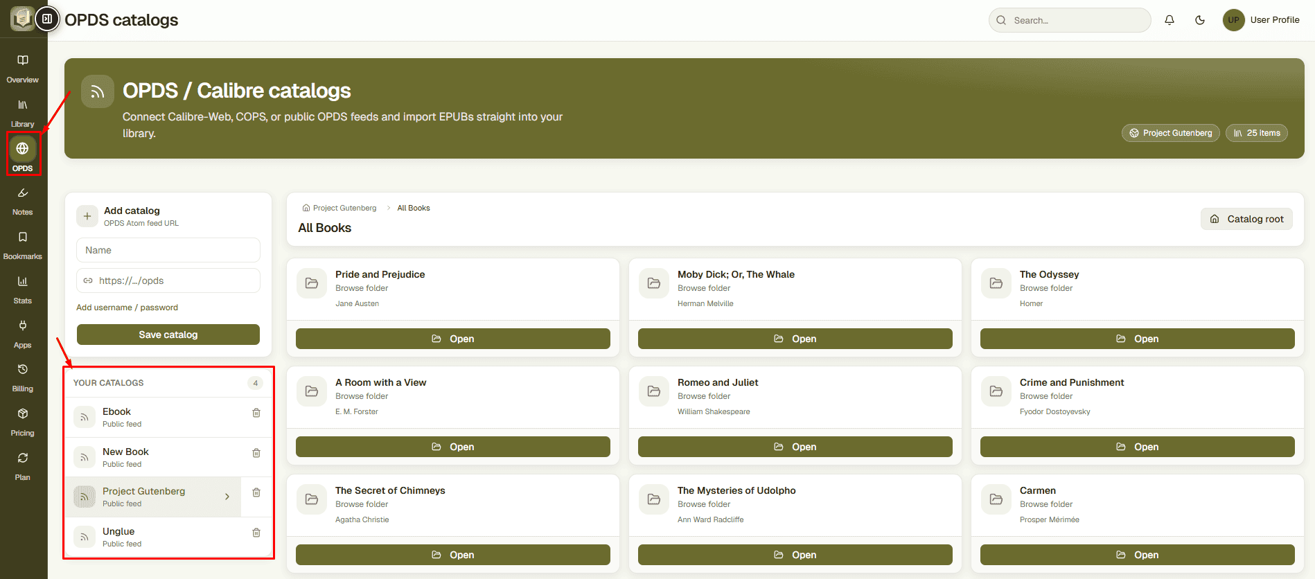 EPUBReadify OPDS and Calibre catalogs screen