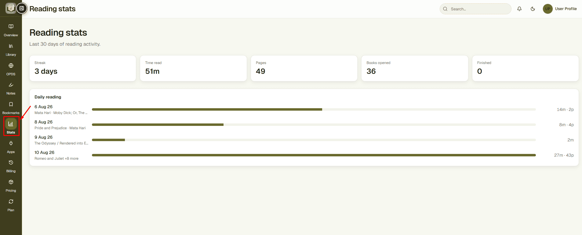 EPUBReadify Reading Stats screen