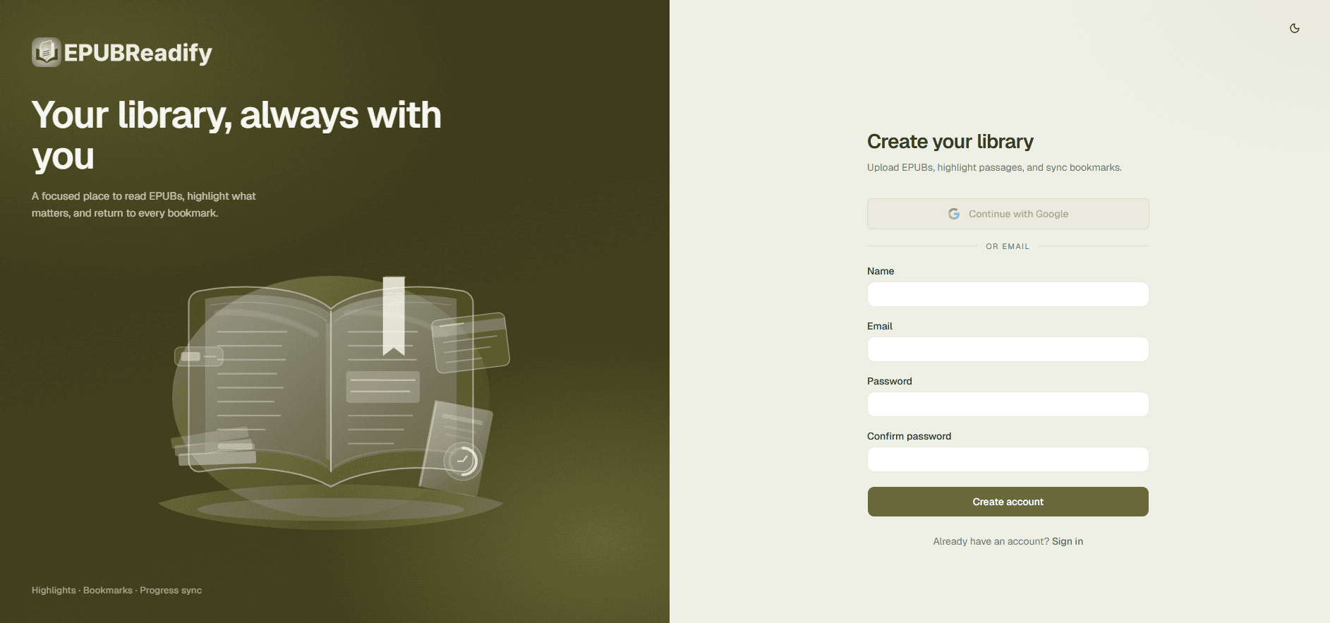 EPUBReadify sign up screen