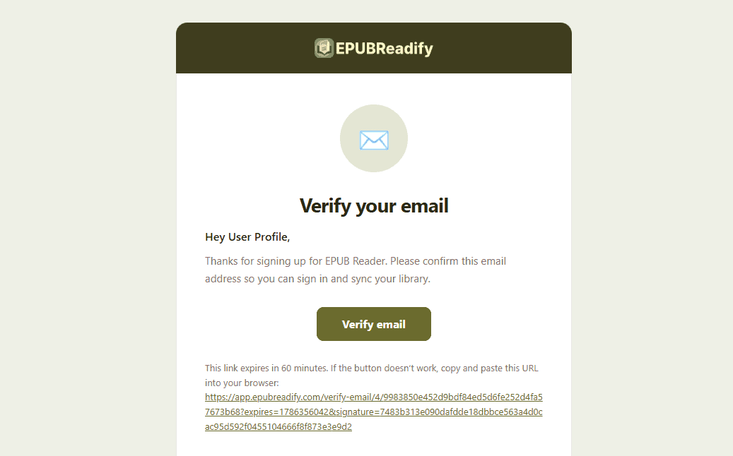 EPUBReadify email verification screen