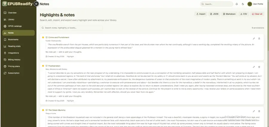 EPUBReadify notes dashboard showing highlights and annotations